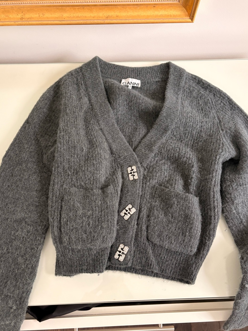 Ganni Charcoal Gray Fuzzy Mohair Cardigan with Decorative Buttons
